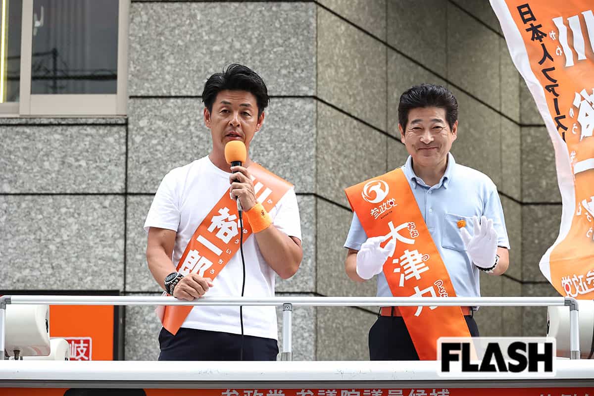 「韓国はそういう国」という軽率発言が物議をかもした全国比例候補の川裕一郎氏。大津力氏の応援で川口入り。参院選立候補のため、6月9日に石川県議を辞職したばかり