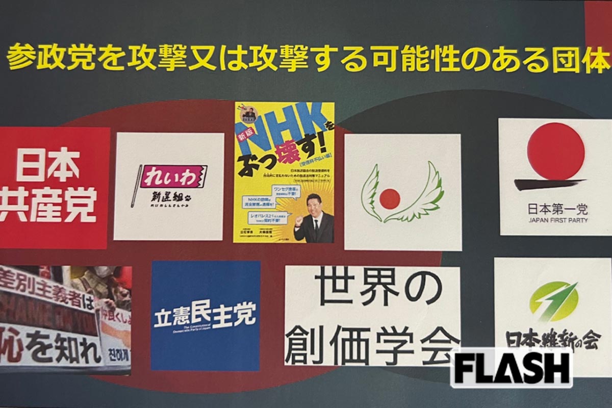 2022年、藤村氏に渡された資料「党の防衛について」。つばさの党も掲載されていた（上段・右から2番め）