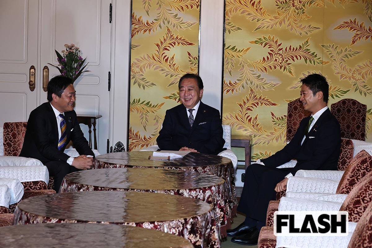 左から3党党首会談に臨む、国民民主党の玉木雄一郎代表、立憲民主党の野田佳彦代表、日本維新の会の藤田文武共同代表（写真・長谷川 新）