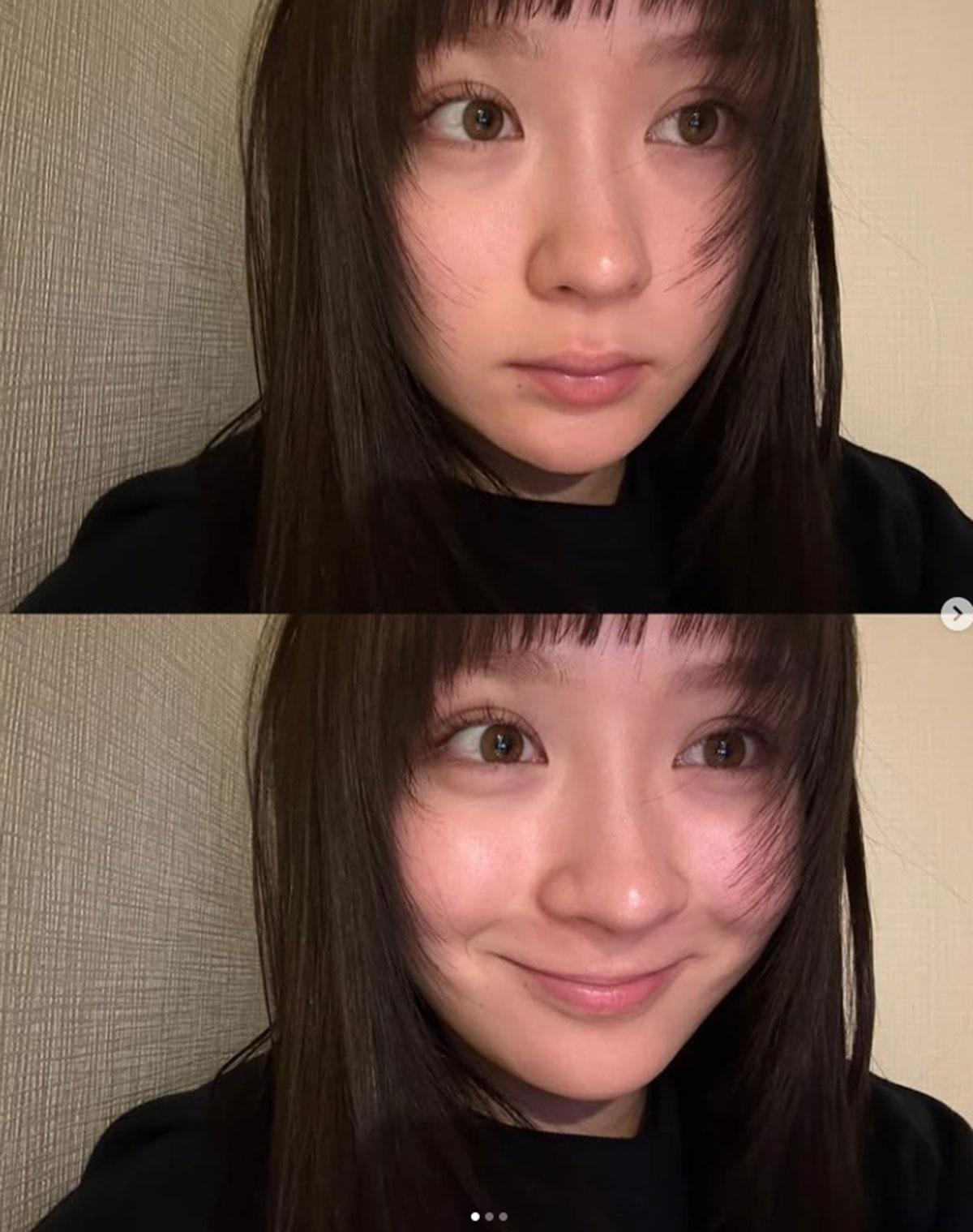 眉毛にちょうどのっかるほどの前髪の長さとなってしまった畑芽育(写真・本人Instagramより)