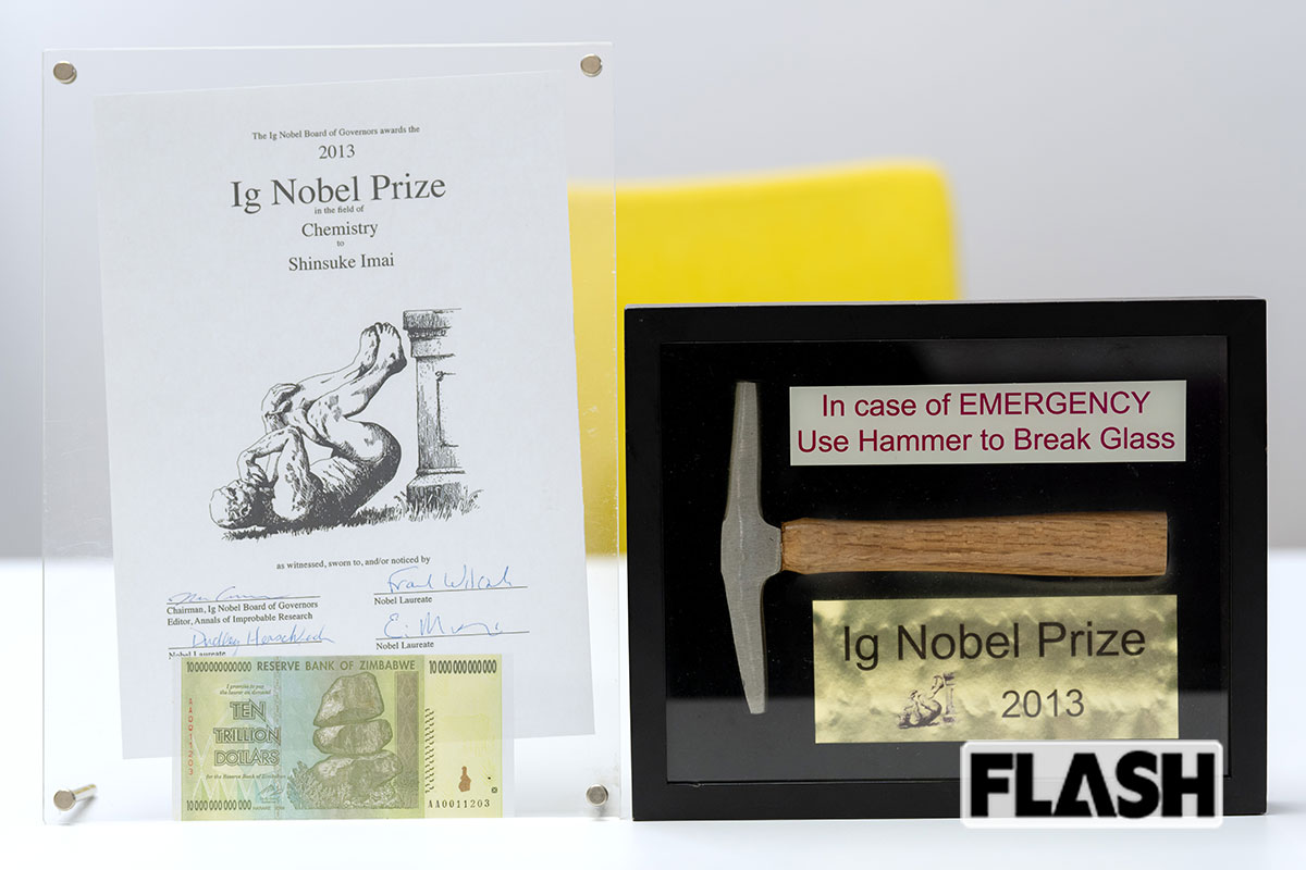 今井真介氏が獲得したトロフィと賞状。賞金は10兆ジンバブエドル(価値はほぼない)