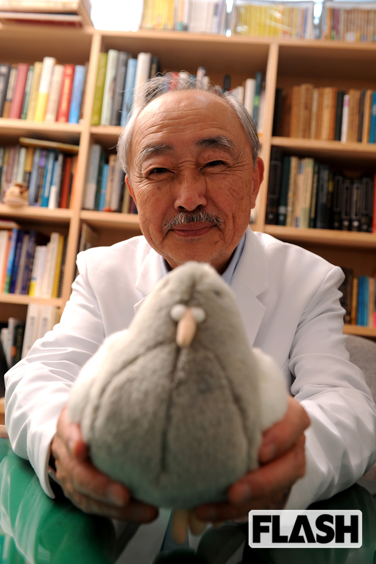 リクエストに応え、ハトのぬいぐるみを手にポーズを取ってくれた渡辺茂名誉教授