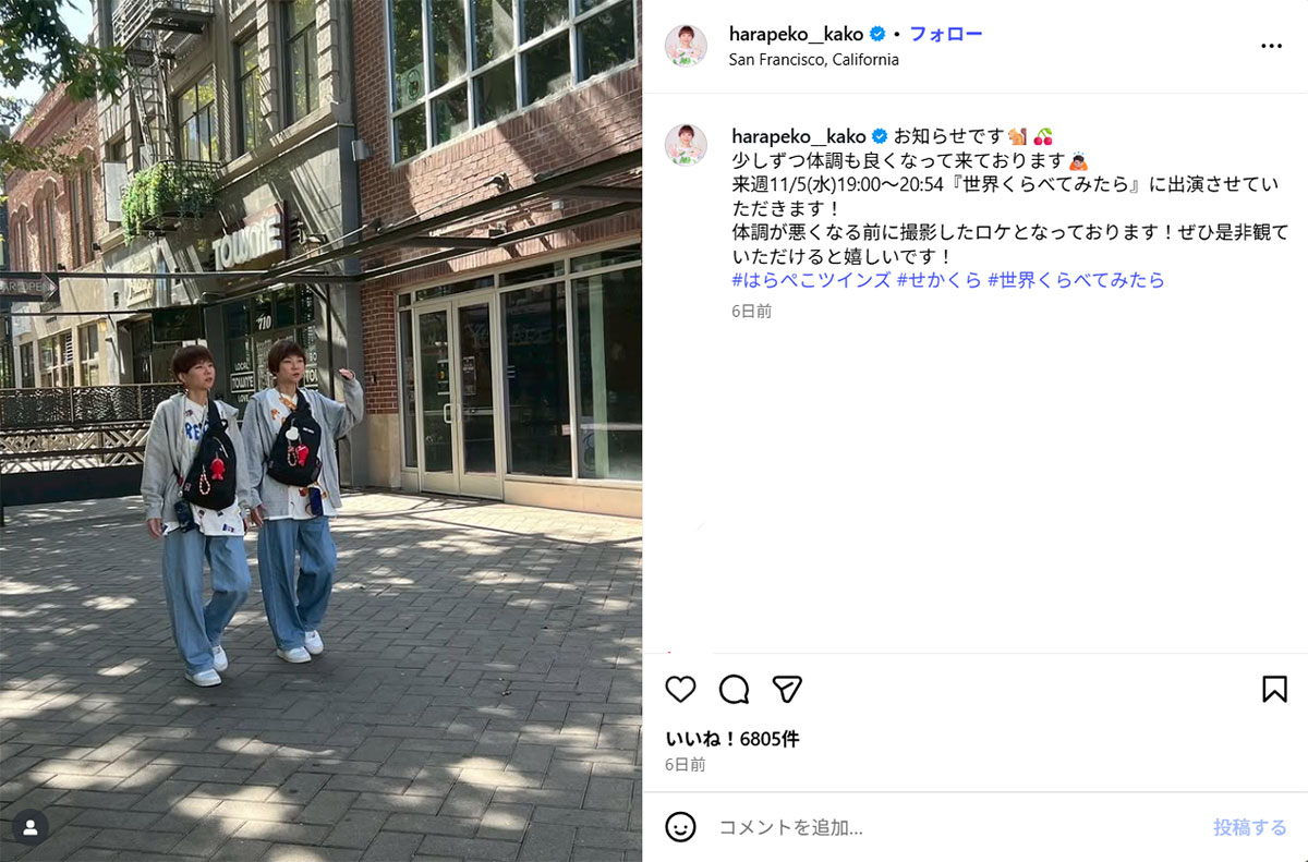 『世界くらべてみたら』(TBS系)の出演を告知するはらぺこツインズのかこ(かこのInstagram《@harapeko__kako》に10月30日掲載)