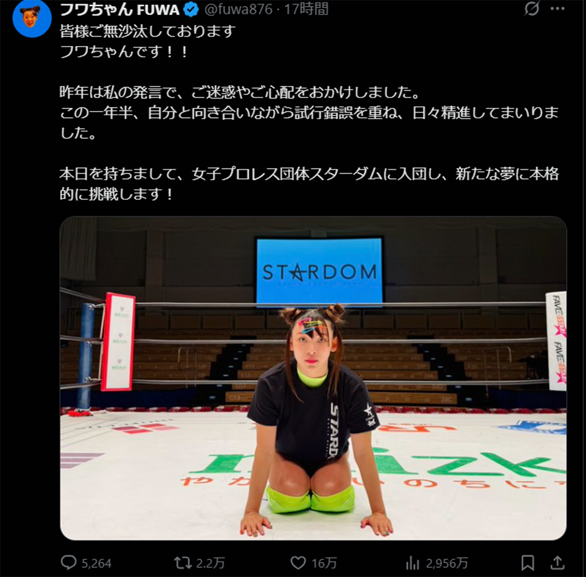 プロレス団体「スターダム」に入団することを報告したフワちゃん(11月7日投稿のフワちゃんのX「@fuwa876」より)