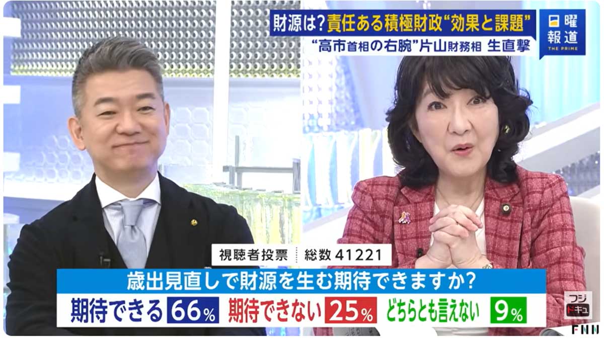 11月30日放送の『日曜報道 THE PRIME』(フジテレビ系)に出演した片山さつき財務相(YouTubeチャンネル「フジテレビドキュメンタリー」11月30日公開の動画より)
