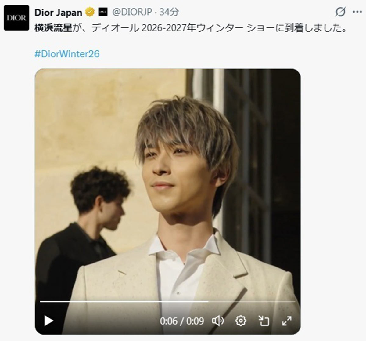 フランス・パリのディオール2026-2027年ウィンターショーに登場した横浜流星(画像・Dior JapanのX「@DIORJP」より)