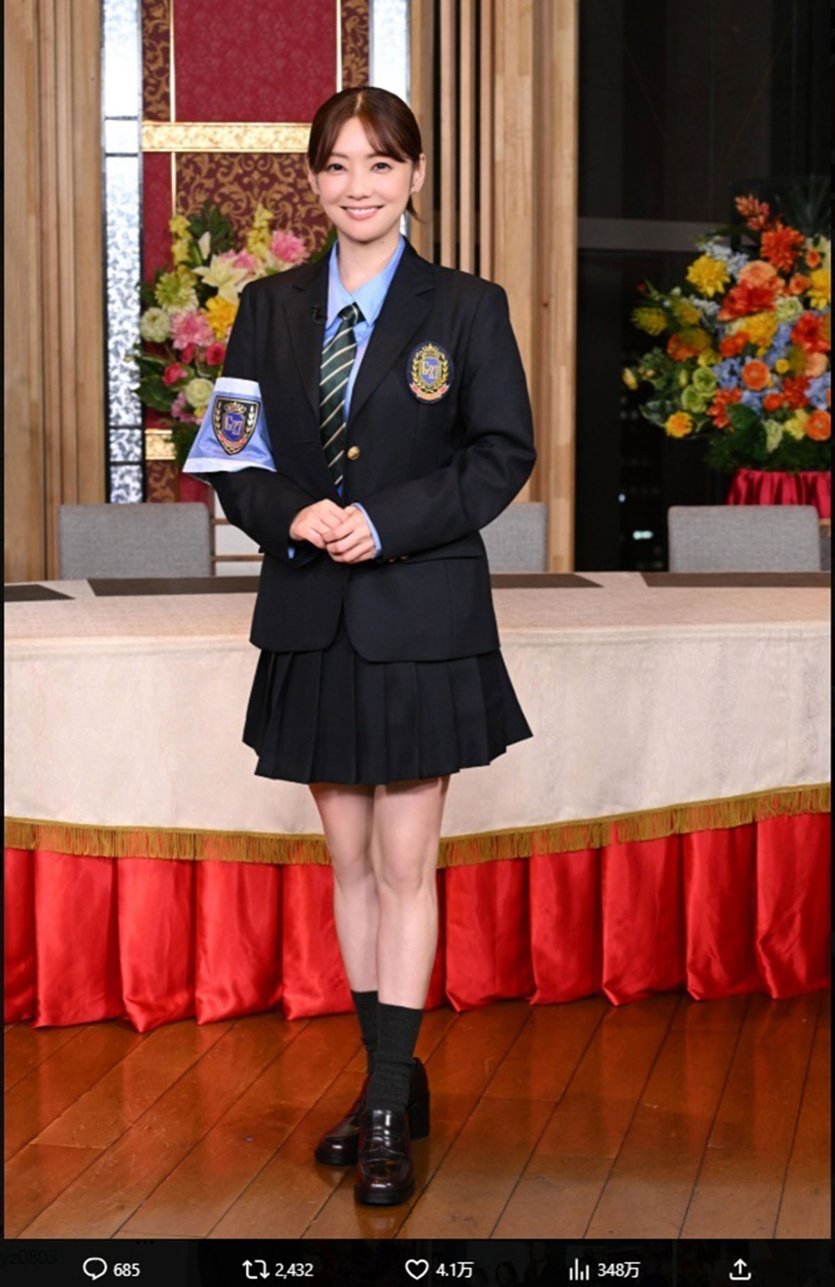 『ぐるぐるナインティナイン』（日本テレビ系）で制服姿を披露した倉科カナ。美しいスタイルに絶賛の声が寄せられている（写真・番組公式Xより）