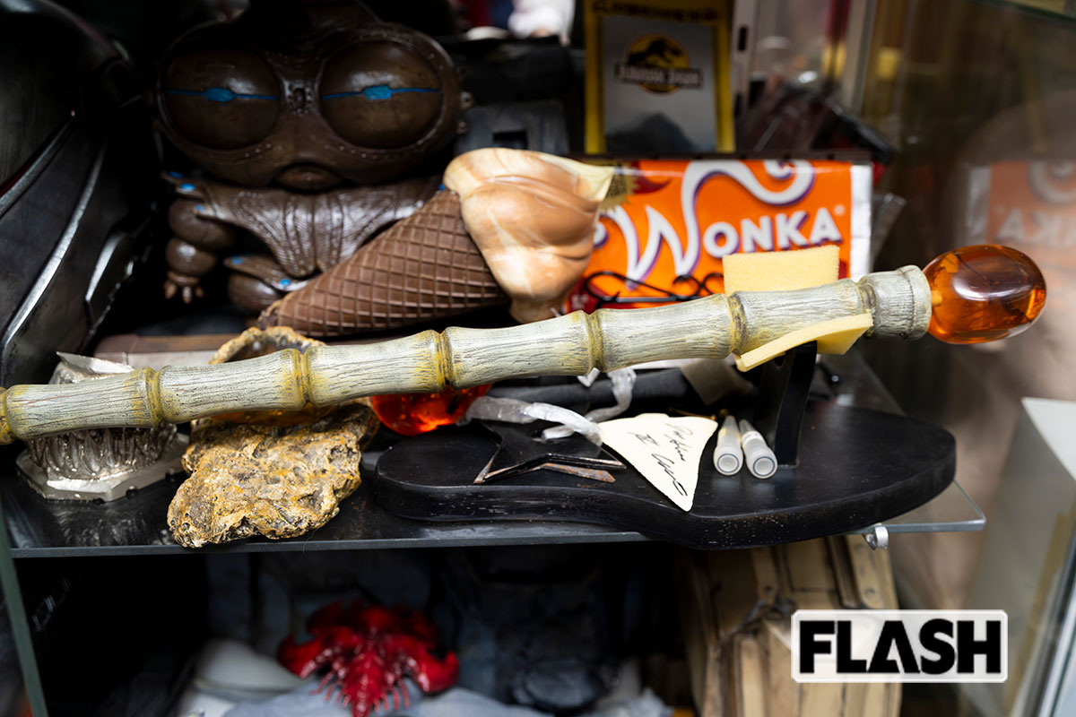 映画『ジュラシック・パーク』の撮影で使用されたジョン・ハモンドの杖がここに!　「入手経路はいろいろですね。実際に小道具を製作した会社でもらうこともあります」（なべやかん、写真・木村哲夫）