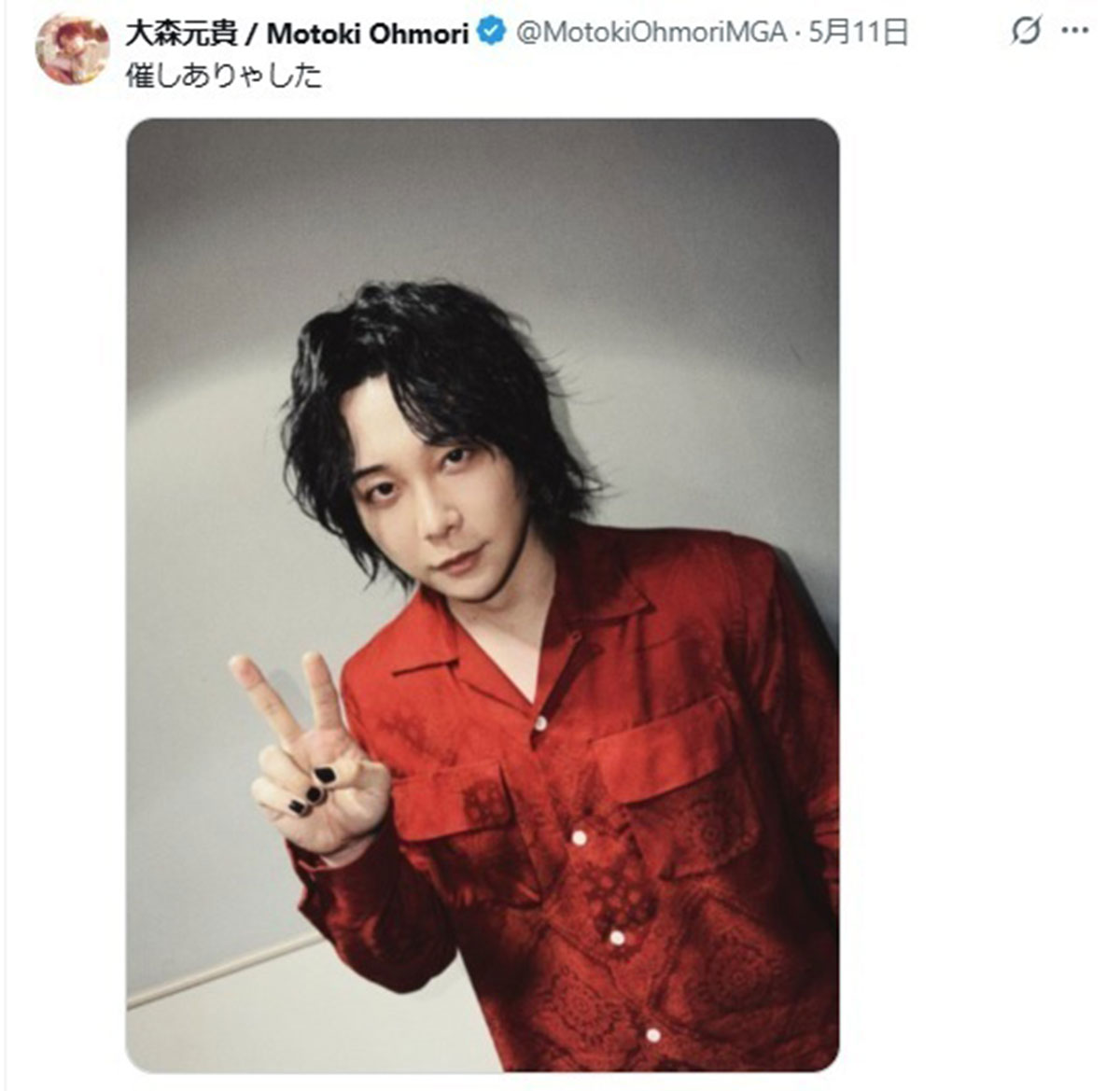 2026年5月11日、音楽番組『CDTVライブ！ライブ！』（TBS系）に出演したMrs.GREEN APPLEの大森元貴（@MotokiOhmoriMGAのXより）