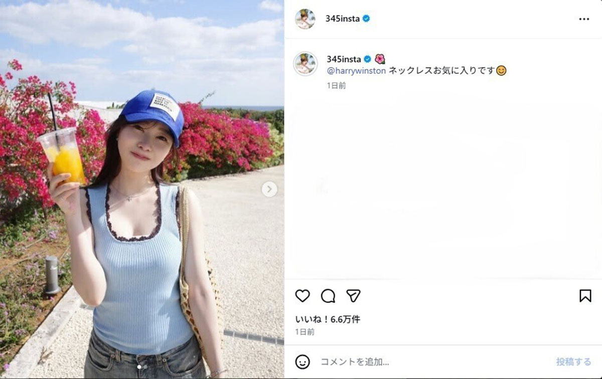 2026年5月17日、タンクトップ姿を投稿したタレントの指原莉乃(@345instaのInstagramより)