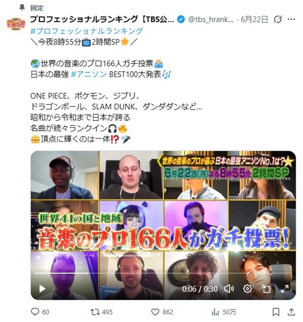 各業界のプロフェッショナルが投票してランキングを決める『プロフェッショナルランキング』(TBS系)。アニメソングで『残酷な天使のテーゼ』が1位になったことに辛辣な声がでている(写真・番組公式Xより)