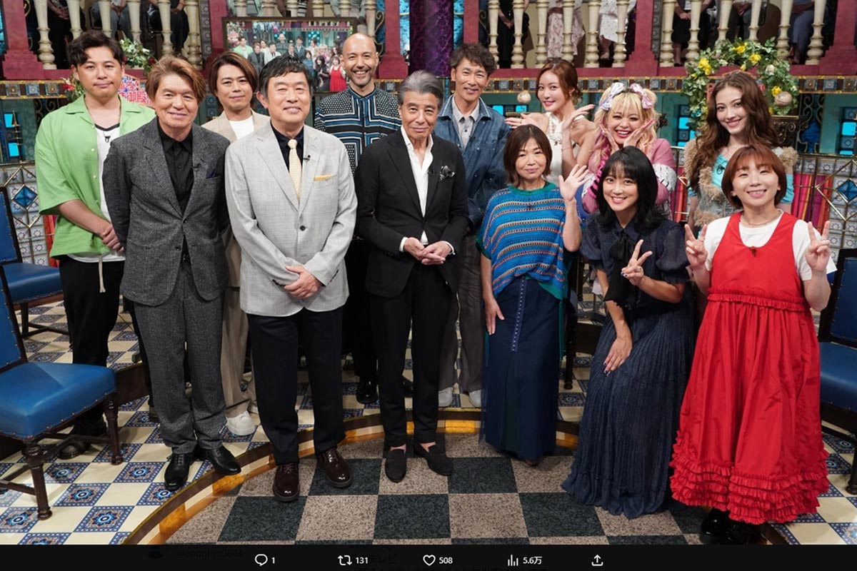 『踊る!さんま御殿!!』に出演した元木大介（後列右から4人め）。やせた姿に心配の声が出てしまった（画像・『さんま御殿【日テレ公式】』のX「@sanmagoten_ntv」より）