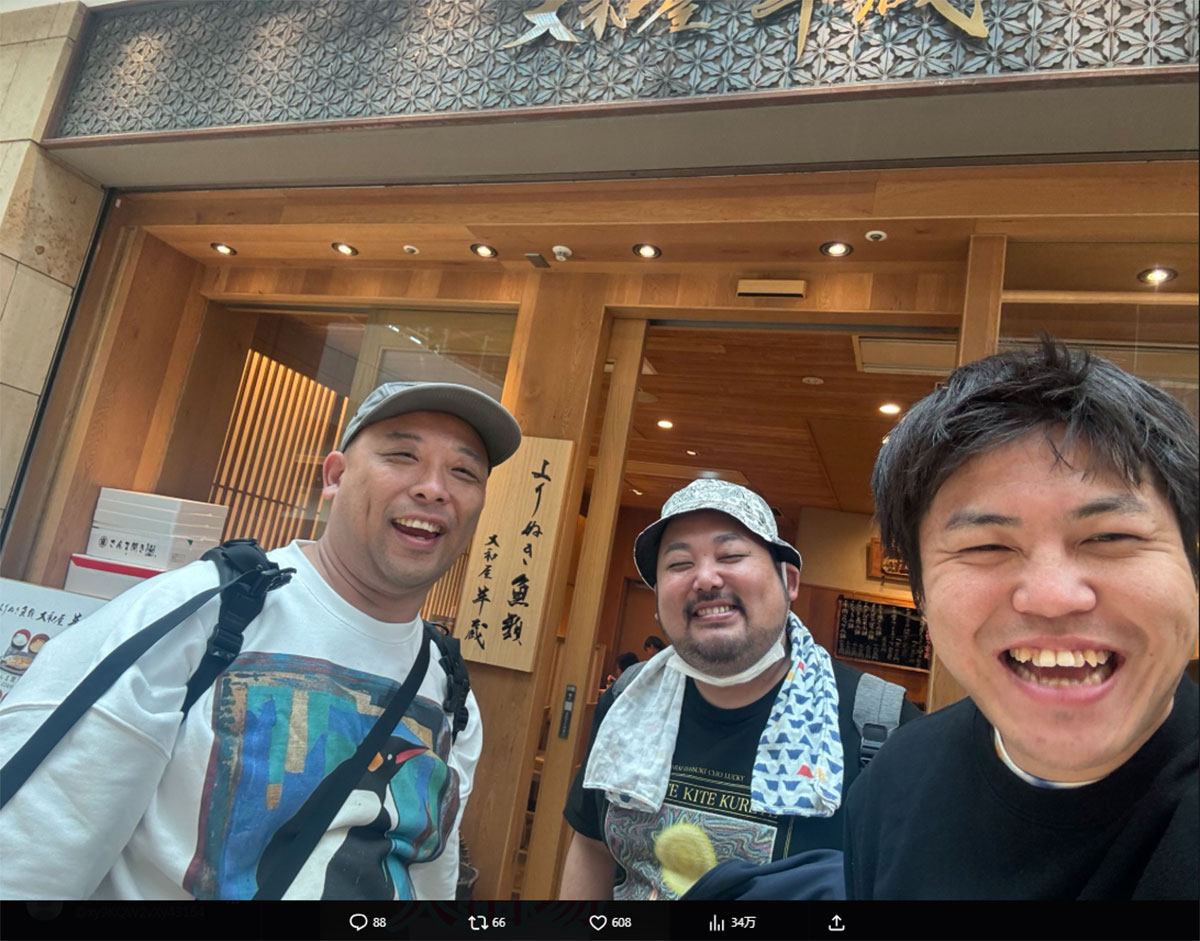 7月1日放送の『水曜日のダウンタウン』（TBS系）に出演した（左から）トム・ブラウンのみちお、スタミナパンの麻婆、はっしーはっぴー（画像・7月2日投稿の『はっしーはっぴー@売れるまで軽キャン生活』のX「@Nnw0407」より）