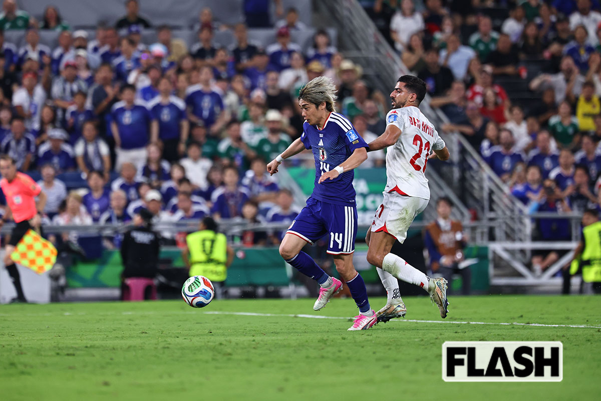 2026年6月21日、北中米W杯のチュニジア戦で3点めを決めたサッカー日本代表の伊東純也選手（写真・JMPA）