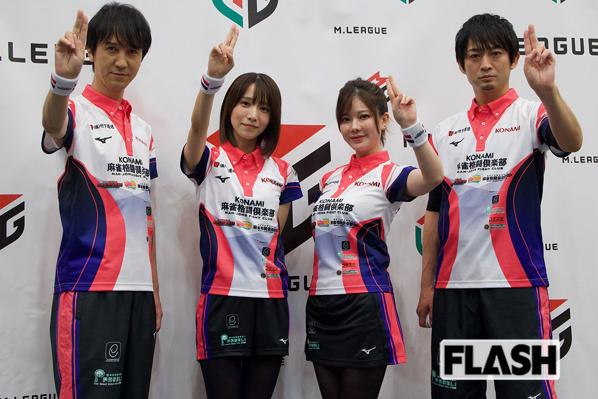 MリーグのKONAMI麻雀格闘倶楽部に所属する（左から）佐々木寿人、伊達朱里紗、高宮まり、滝沢和典（写真・皆川拓哉）