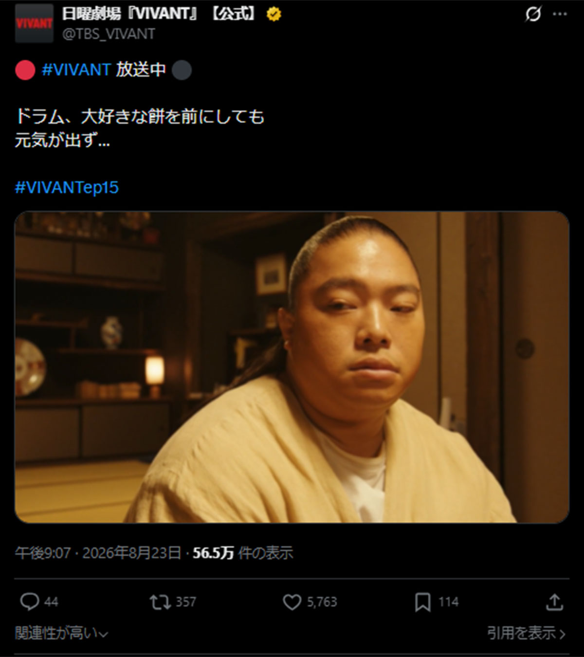 8月23日に放送された日曜劇場『VIVANT』(TBS系)の第15話に出演した、富栄ドラム演じるドラム(ドラマのX《@TBS_VIVANT》に8月23日投稿)
