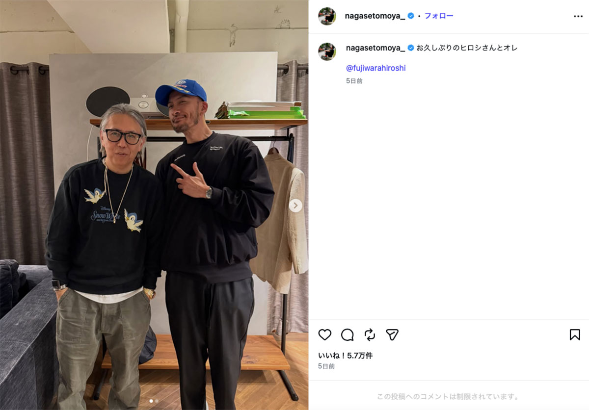 “短髪すっきりヒゲ” に称賛が集まっている長瀬智也のInstagramより。藤原ヒロシとの2ショットが話題となった