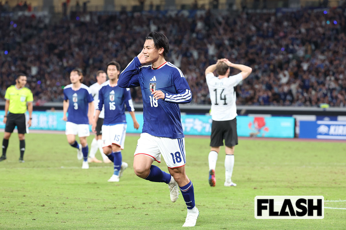 2026年10月、キリンカップ決勝で1点めを決めた上田綺世（写真・桑原 靖）