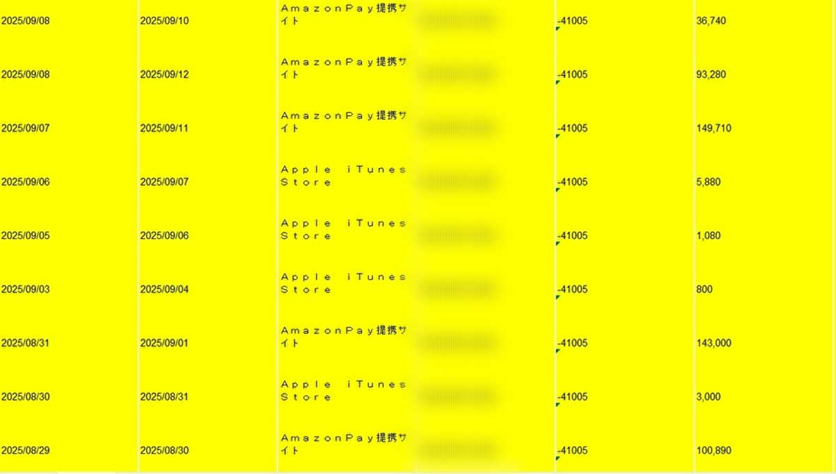 クレジットカードを不正利用されたという「やっちゃんタイの兄貴」のカード利用履歴。すべて不正な利用だという